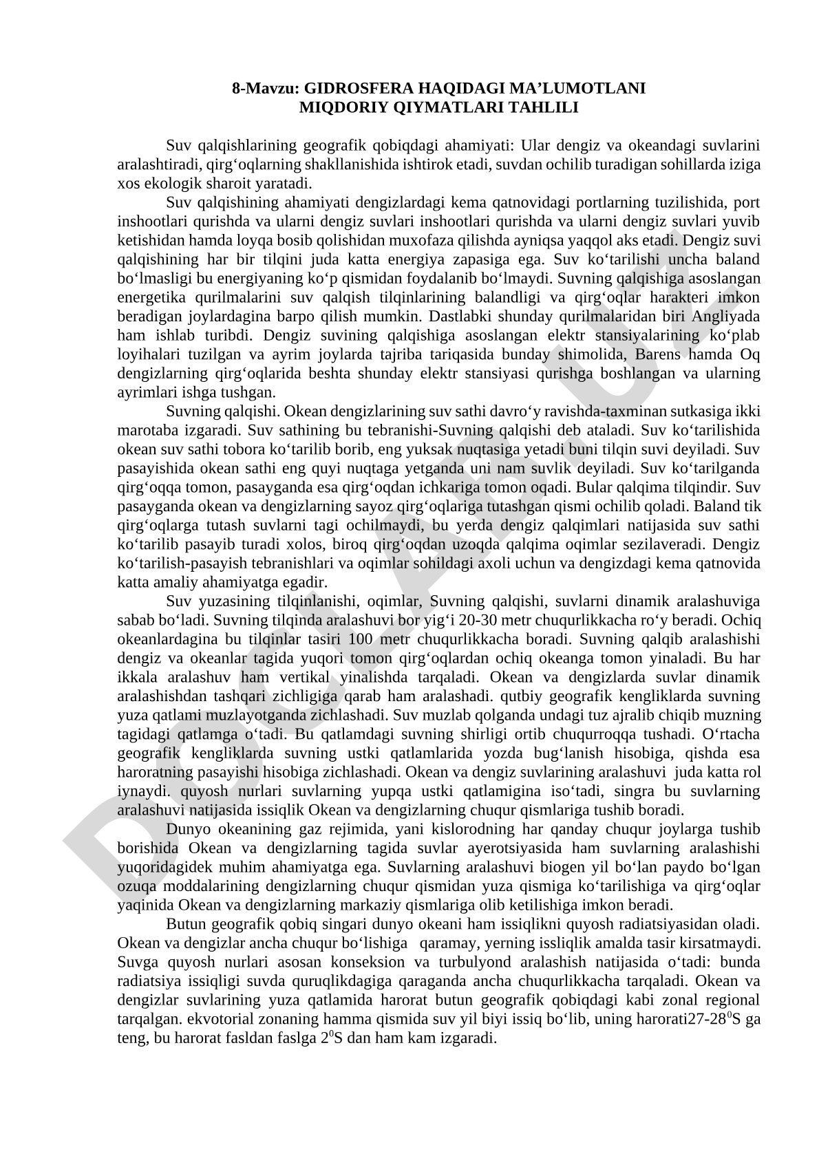Gidrosfera haqidagi ma’lumotlani miqdoriy qiymatlari tahlili