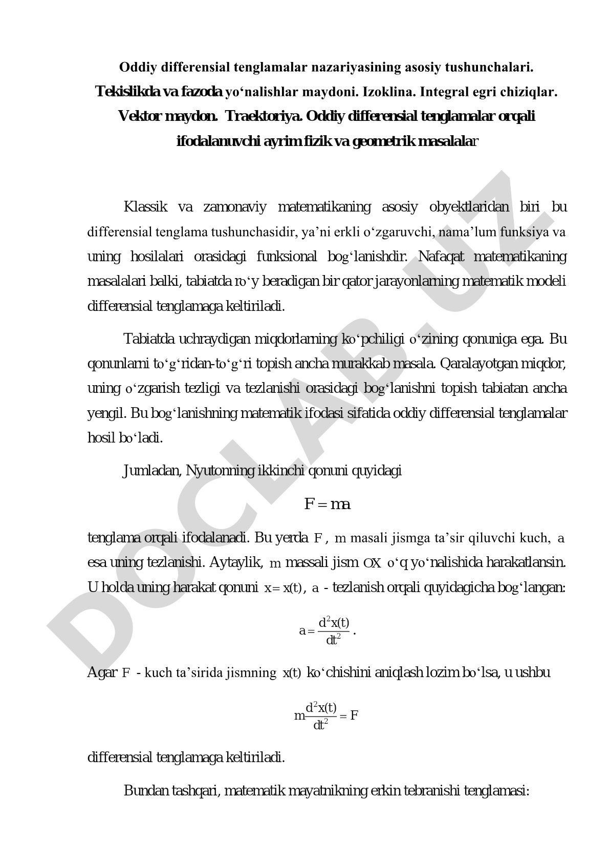 Oddiy differensial tenglamalar nazariyasining asosiy tushunchalari