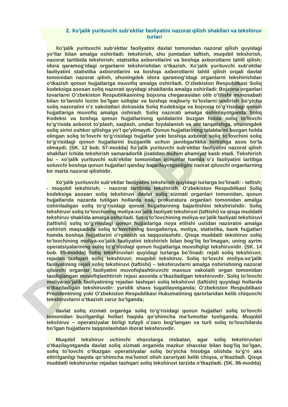 Xo'jalik yurituvchi sub'ektlar faoliyatini nazorat qilish shakllari va tekshiruv turlari
