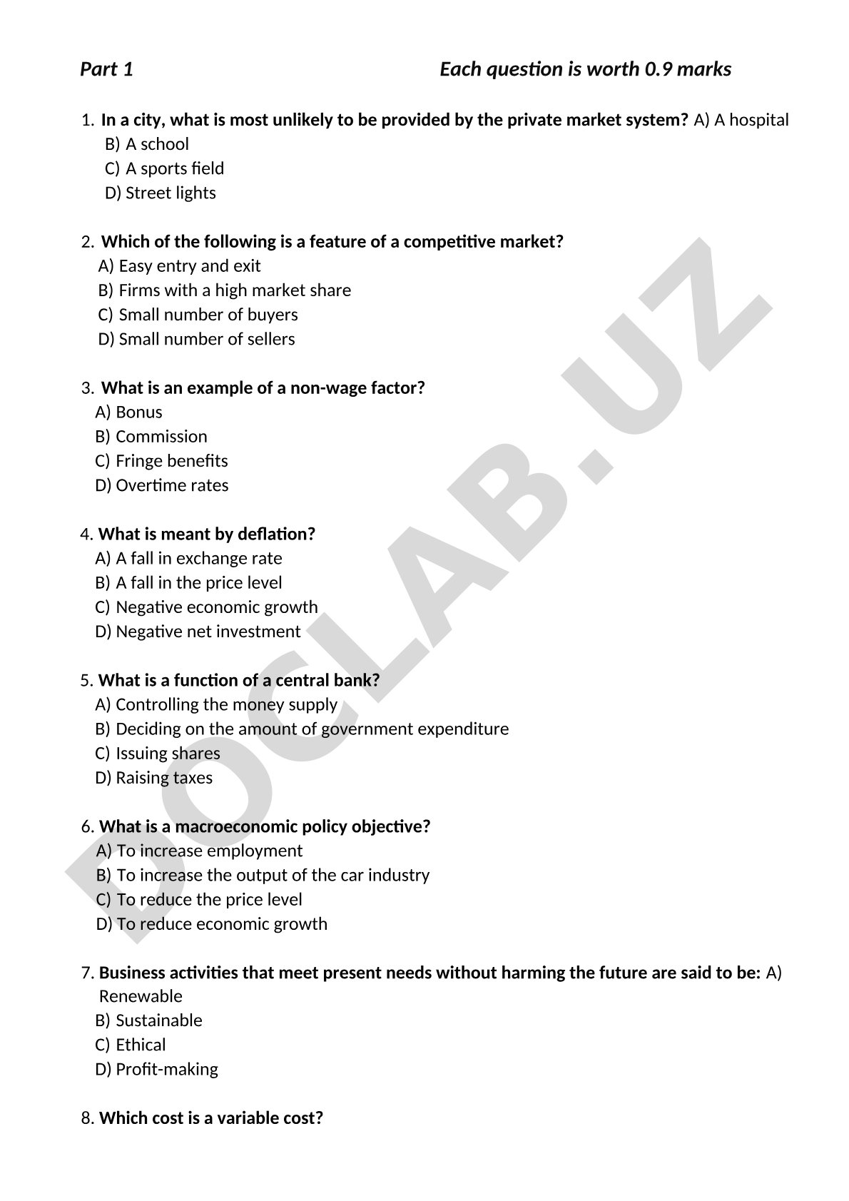 Economics multiple choice questions