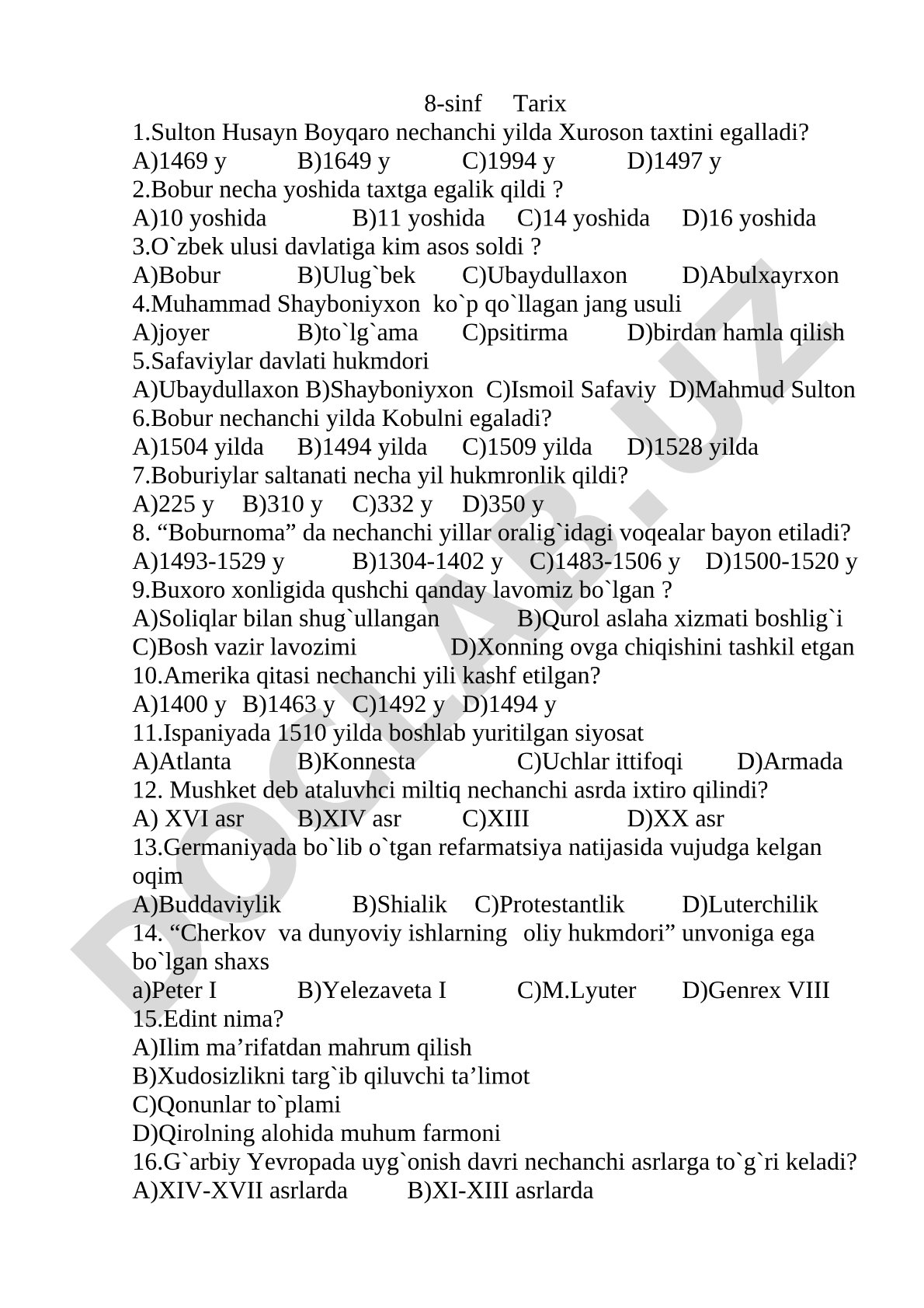 8-sinf Tarix fanidan test savollari