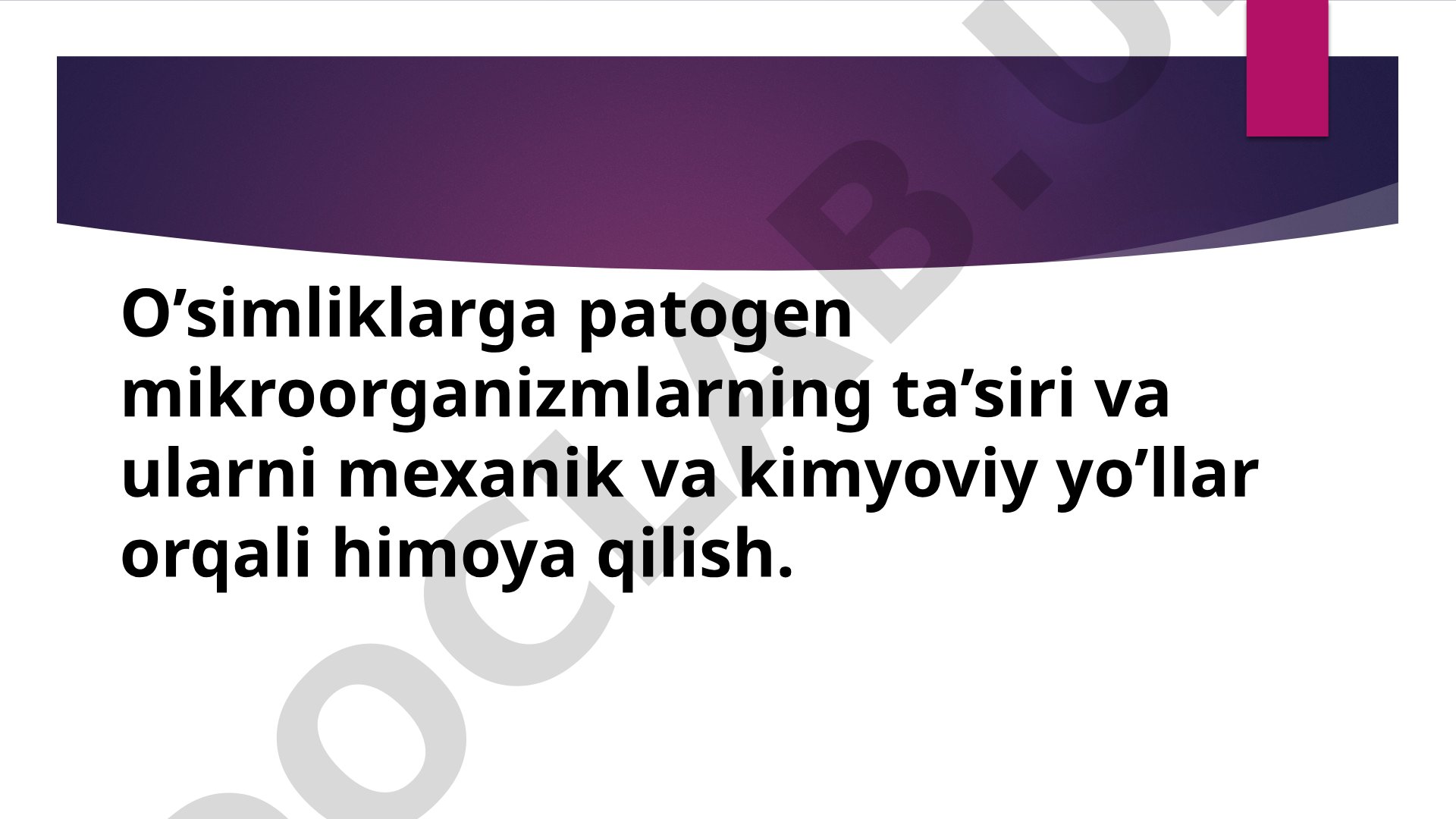 O’simliklarga patogen mikroorganizmlarning ta’siri va ularni mexanik va kimyoviy yo’llar orqali himoya qilish