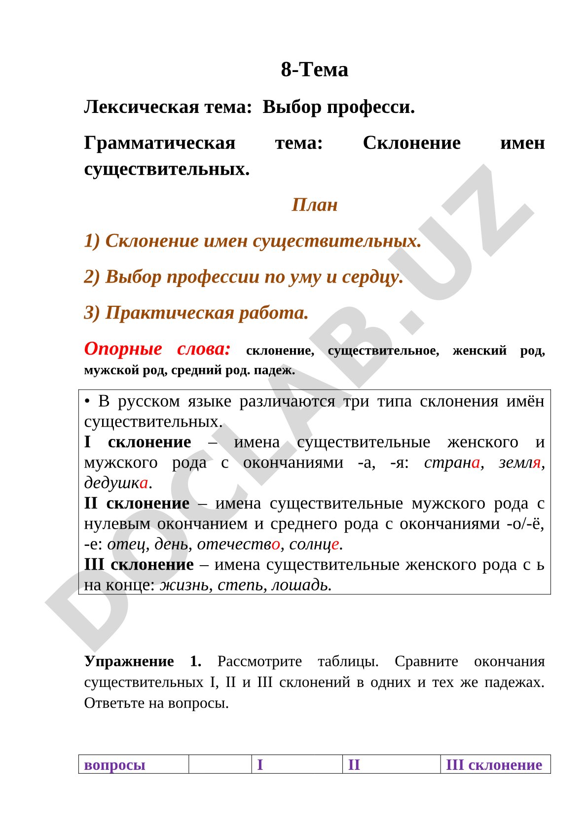 Склонение имен существительных. Выбор профессии