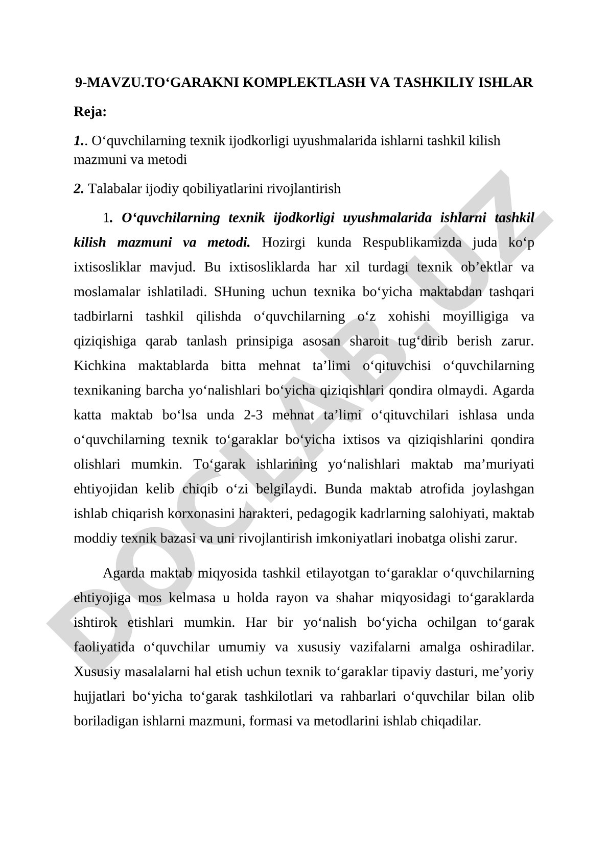 To'garakni komplektlash va tashkiliy ishlar