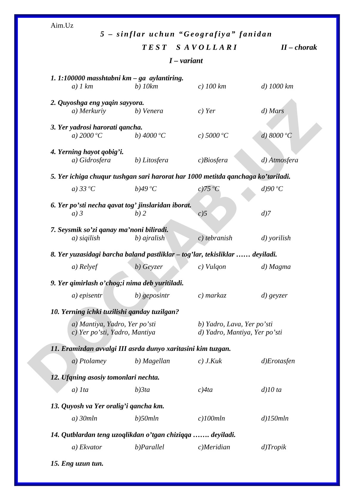 5-sinf Geografiya fanidan II chorak test savollari