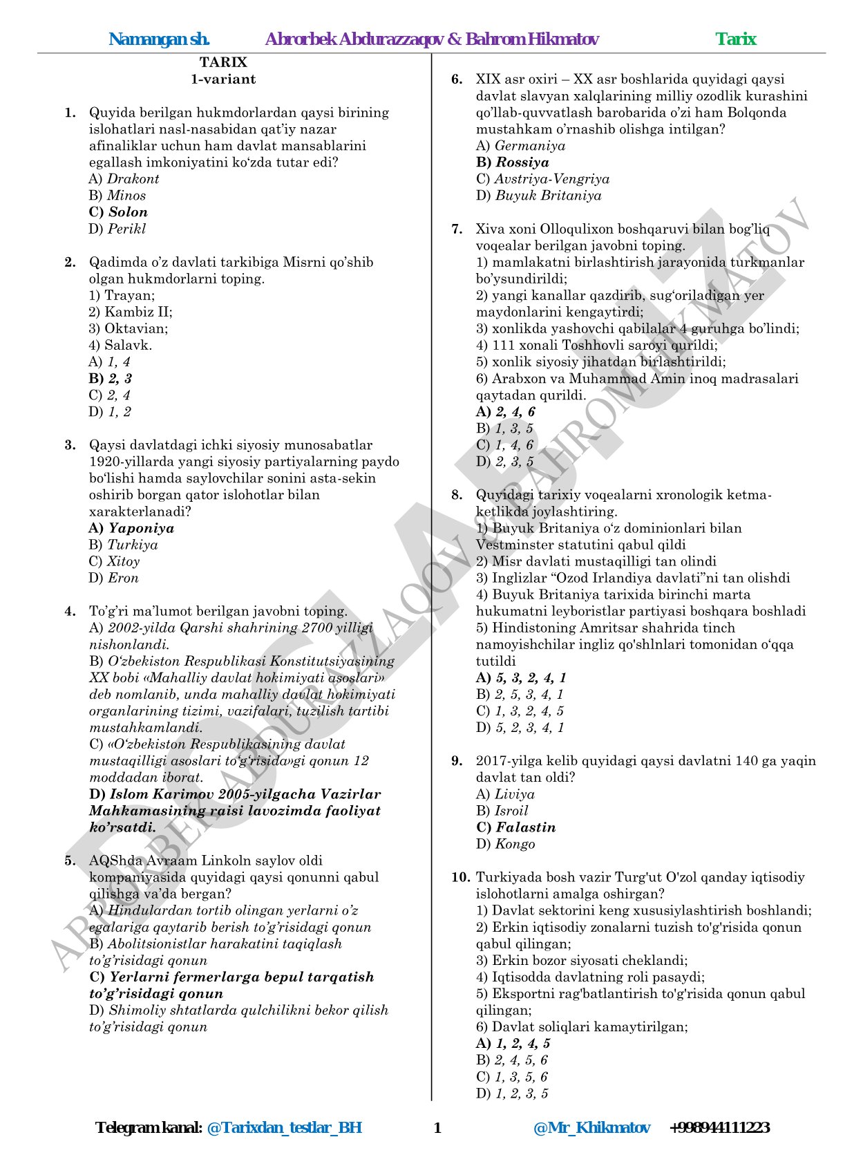 Tarix fanidan test savollari