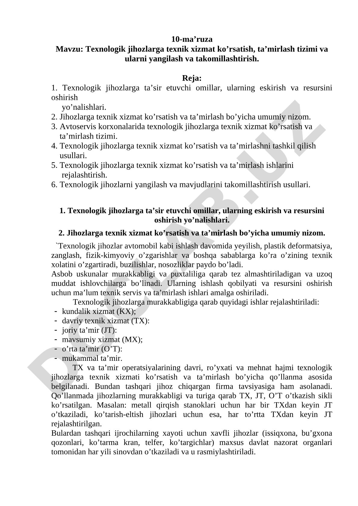 Texnologik jihozlarga texnik xizmat ko'rsatish, ta'mirlash tizimi va ularni yangilash va takomillashtirish