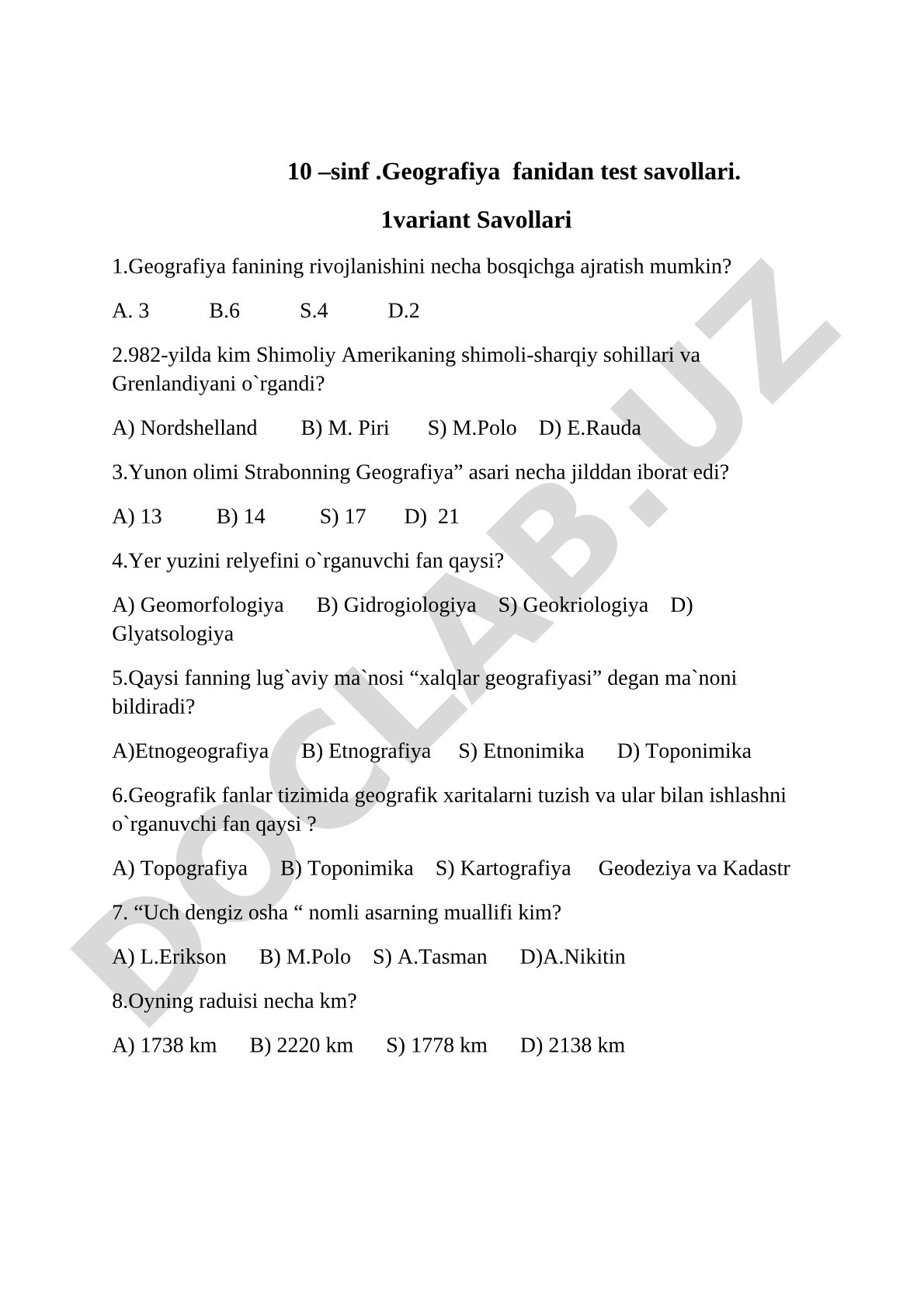10-sinf Geografiya fanidan test savollari (1-variant)