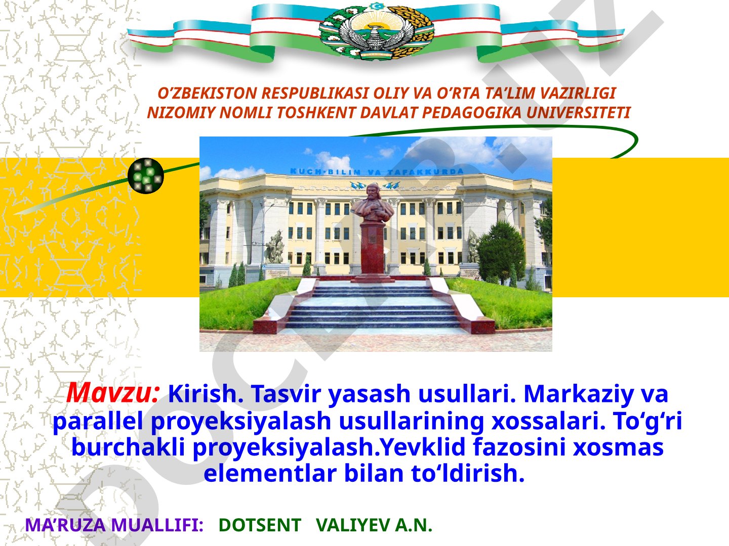 Kirish. Tasvir yasash usullari. Markaziy va parallel proyeksiyalash usullarining xossalari. To'g'ri burchakli proyeksiyalash. Yevklid fazosini xosmas elementlar bilan to'ldirish
