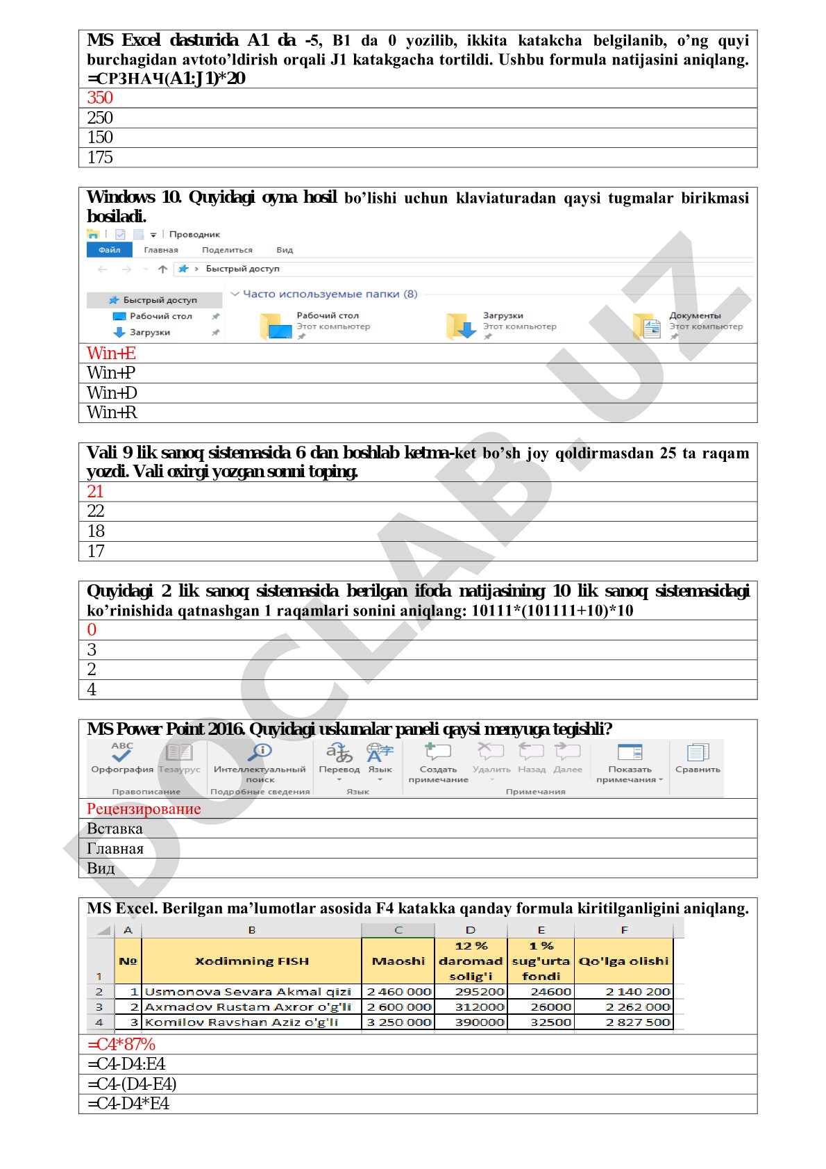 Informatika fanidan test savollari
