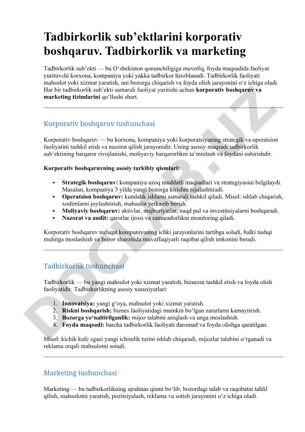 Tadbirkorlik sub’ektlarini korporativ boshqaruv