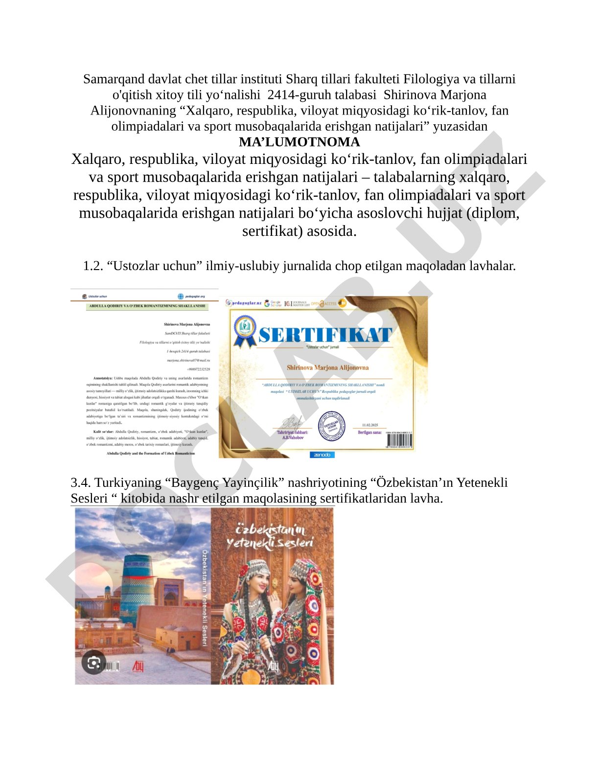 Xalqaro, respublika, viloyat miqyosidagi koʻrik-tanlov, fan olimpiadalari va sport musobaqalarida erishgan natijalari