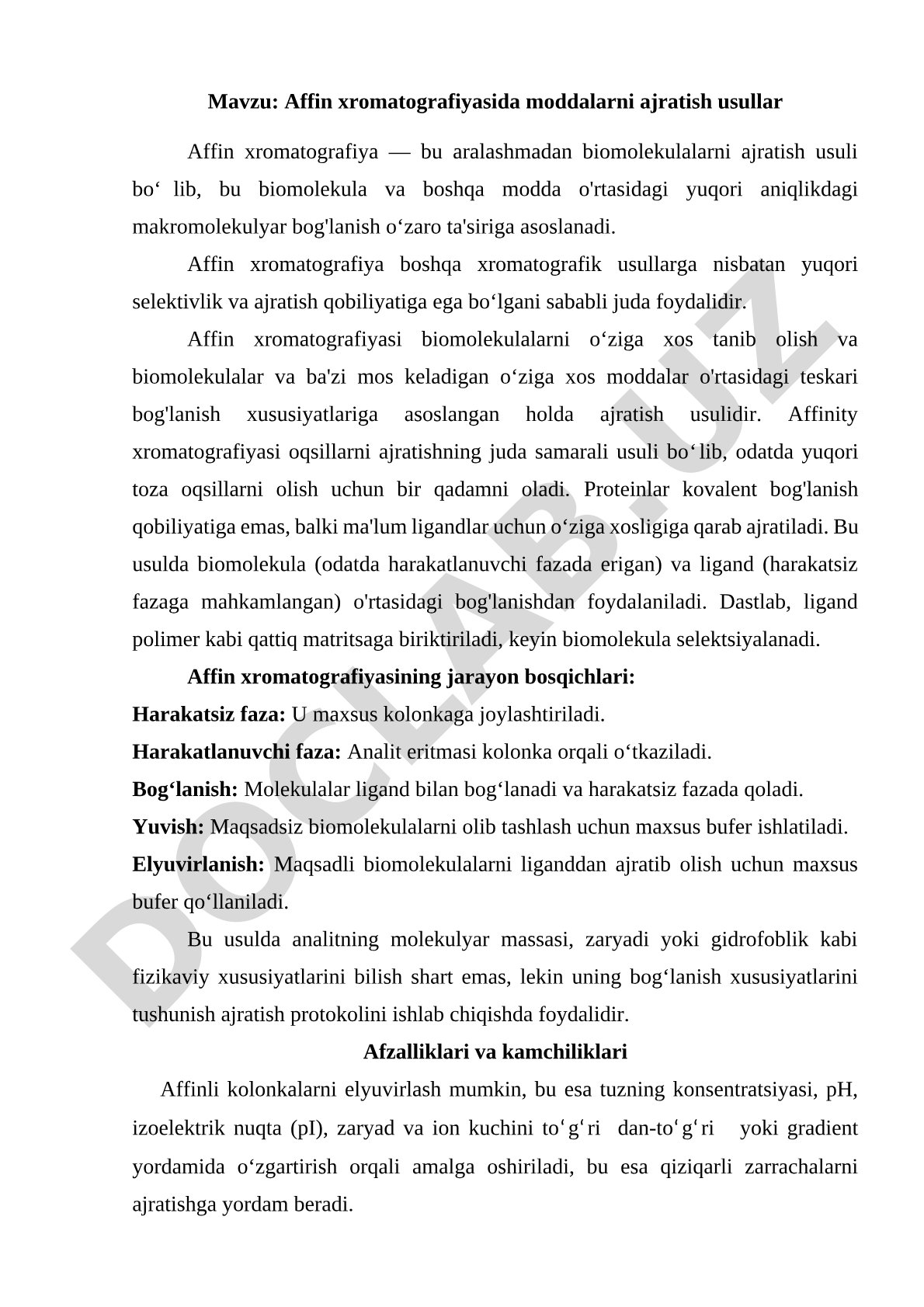 Affin xromatografiyasida moddalarni ajratish usullari