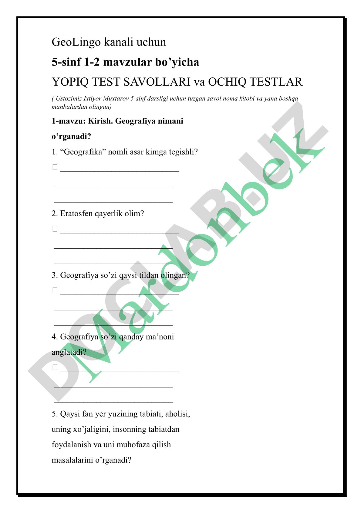 5-sinf Geografiya 1-2 mavzular test savollari