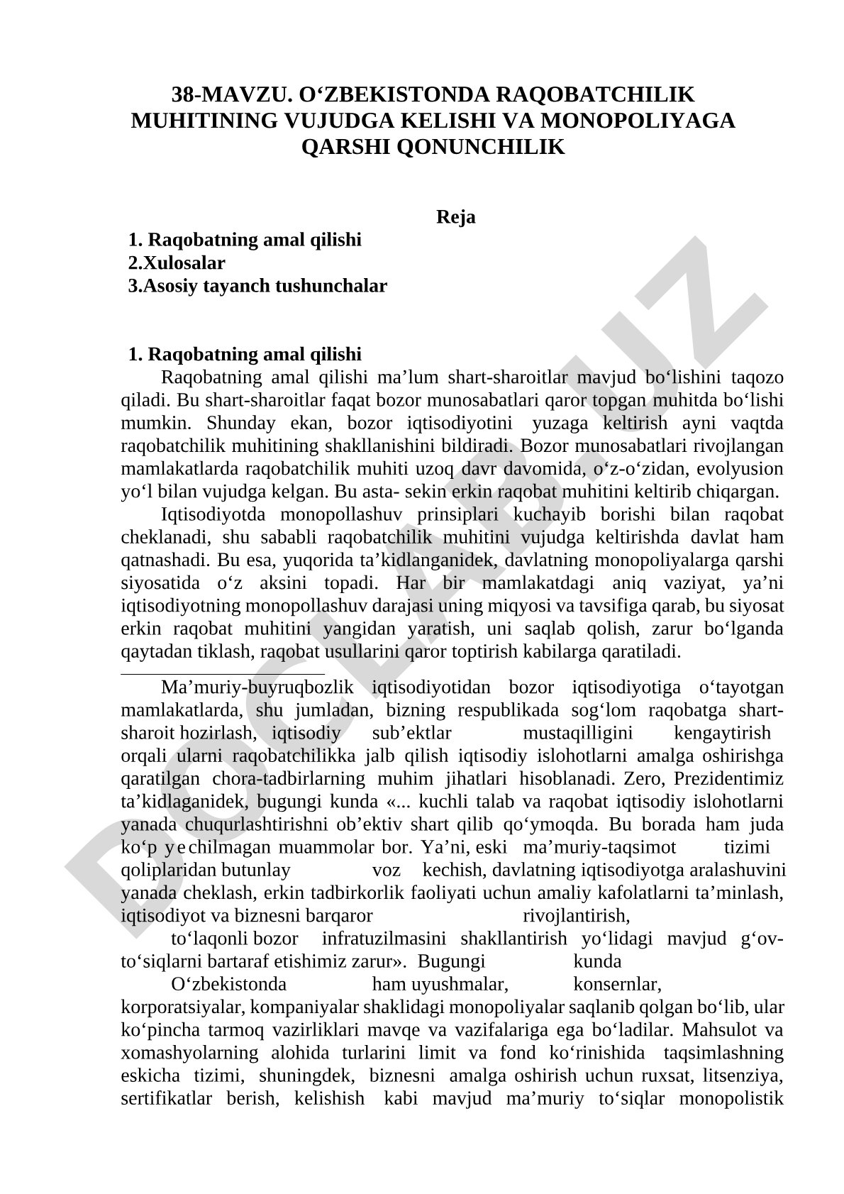 O‘zbekistonda raqobatchilik muhitining vujudga kelishi va monopoliyaga qarshi qonunchilik