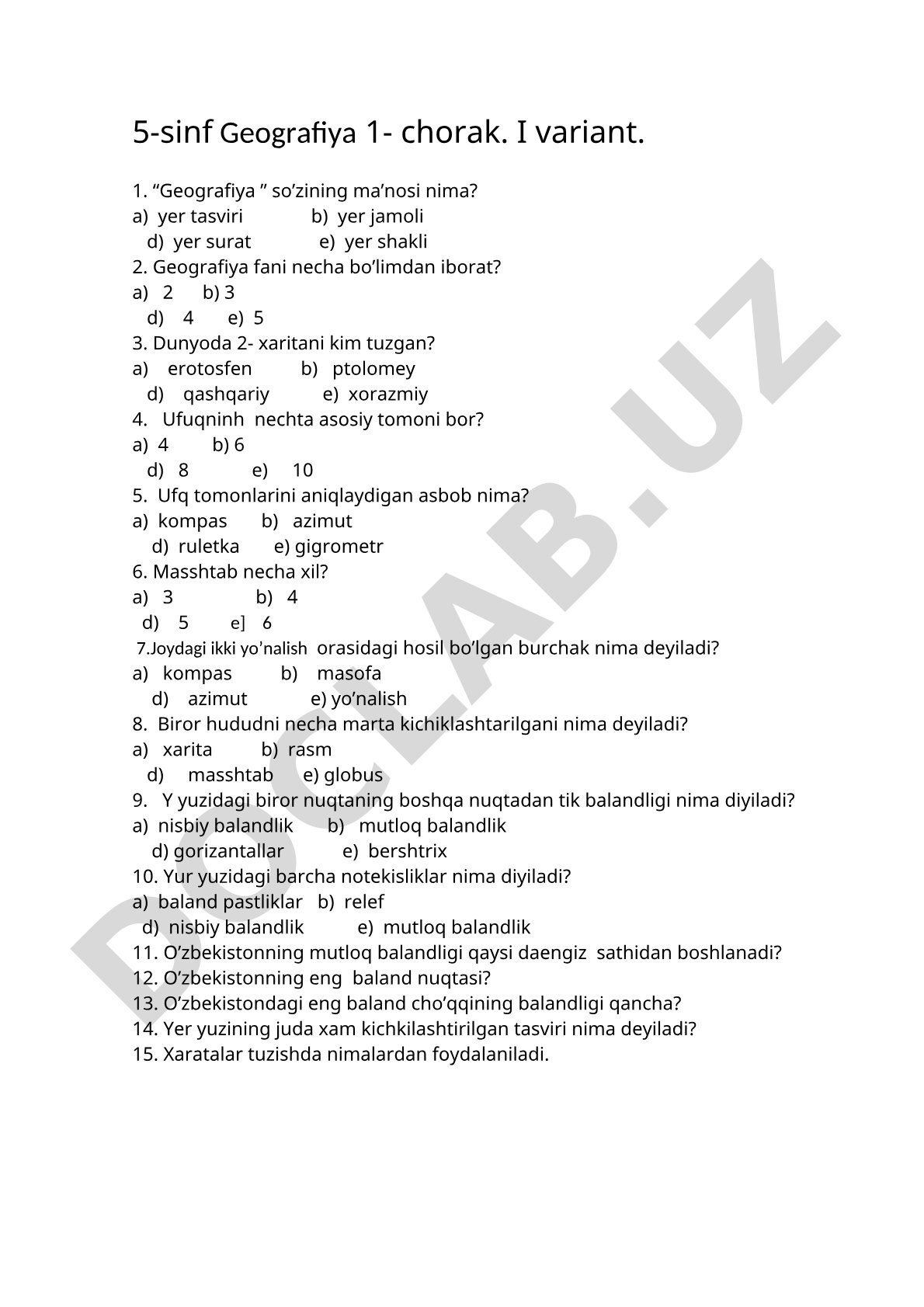 5-sinf Geografiya 1-chorak test savollari