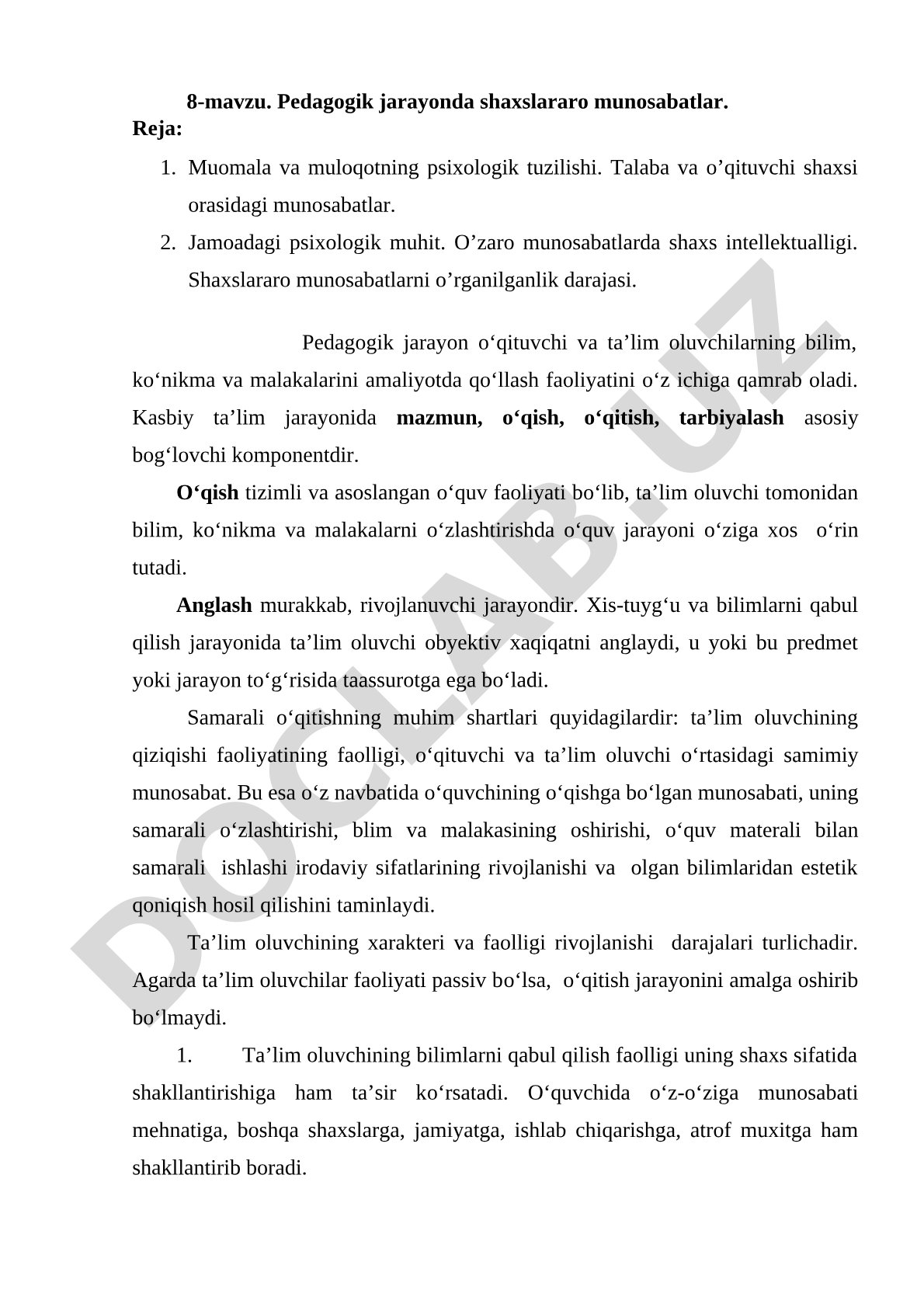 Pedagogik jarayonda shaxslararo munosabatlar