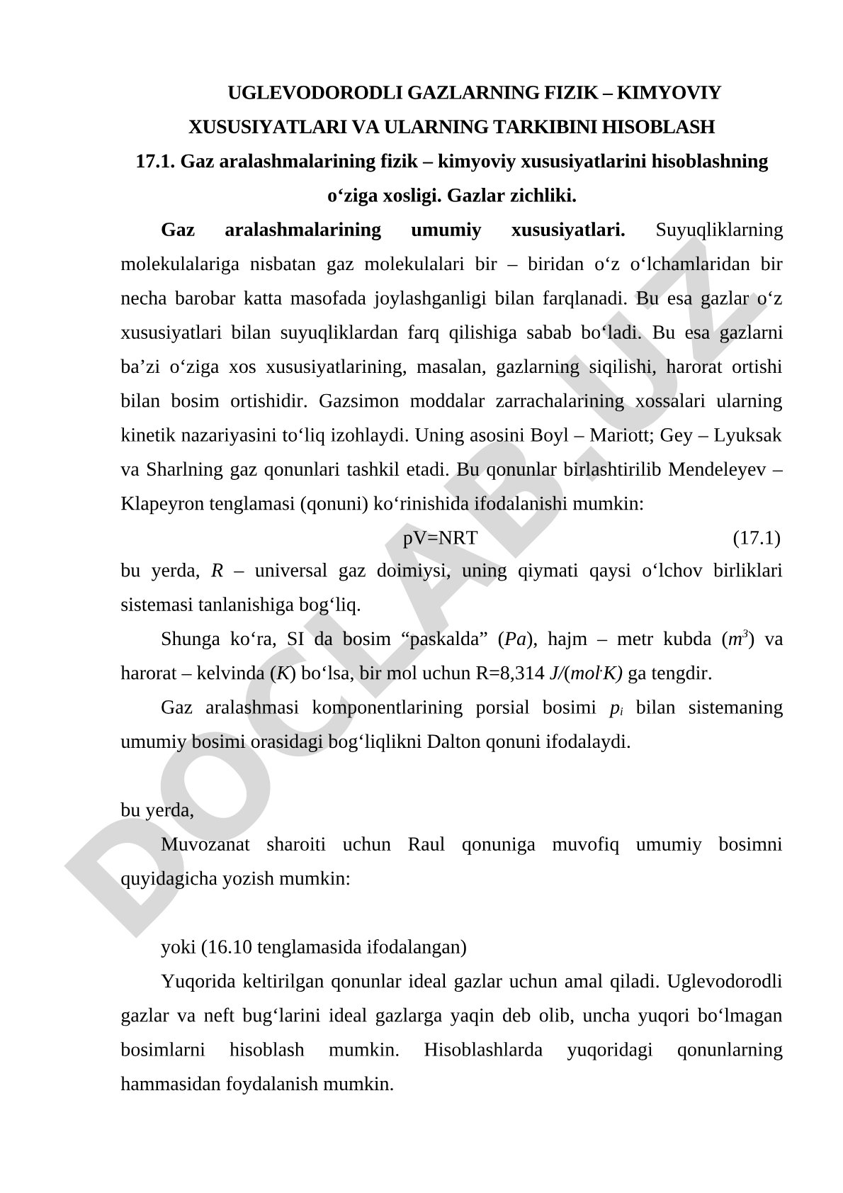 Uglevodorodli gazlarning fizik-kimyoviy xususiyatlari va ularning tarkibini hisoblash