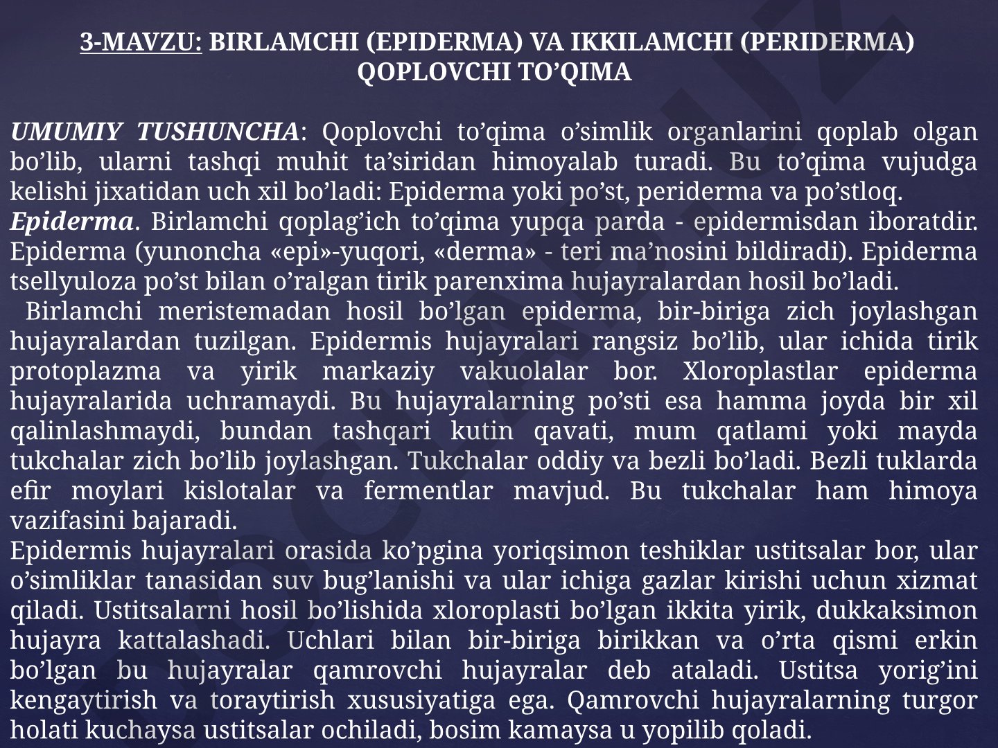 BIRLAMCHI (EPIDERMA) VA IKKILAMCHI (PERIDERMA) QOPLOVCHI TO'QIMA