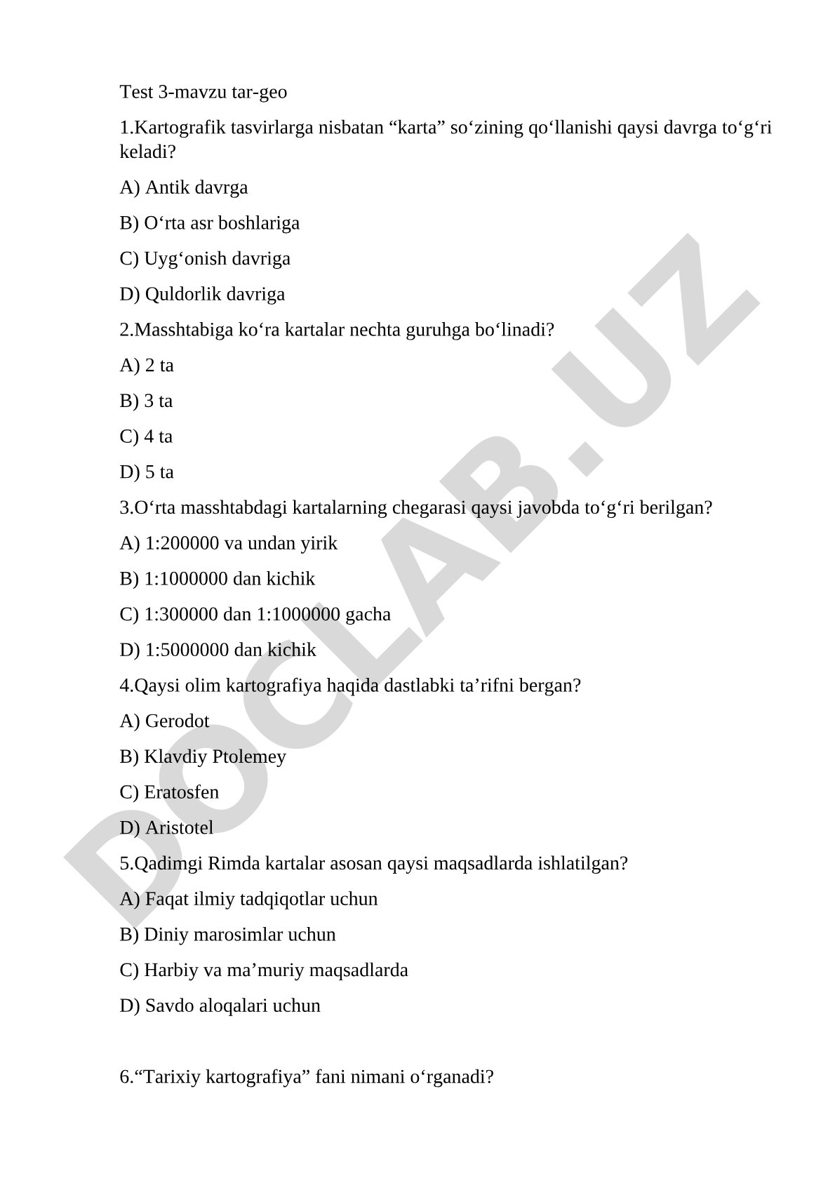 Tarixiy kartografiya bo‘yicha test savollari