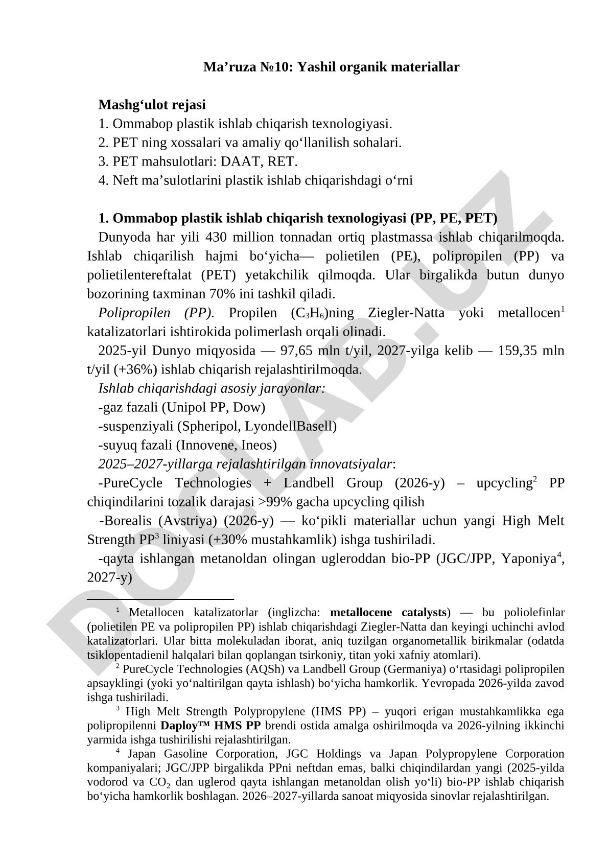 Yashil organik materiallar: plastik ishlab chiqarish, PP, PE, PET xossalari