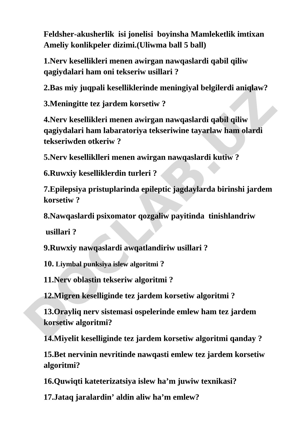 Feldsher-akusherlik isi jonelisi boyinsha Mamleketlik imtixan Ameliy konlikpeler dizimi
