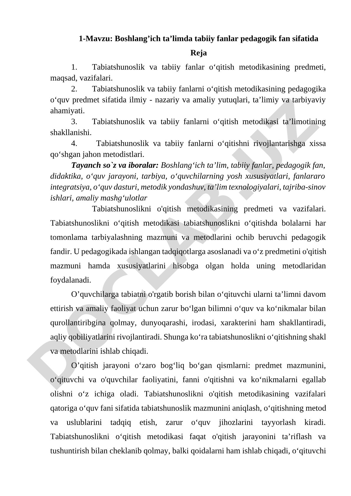 Boshlang’ich ta’limda tabiiy fanlar pedagogik fan sifatida