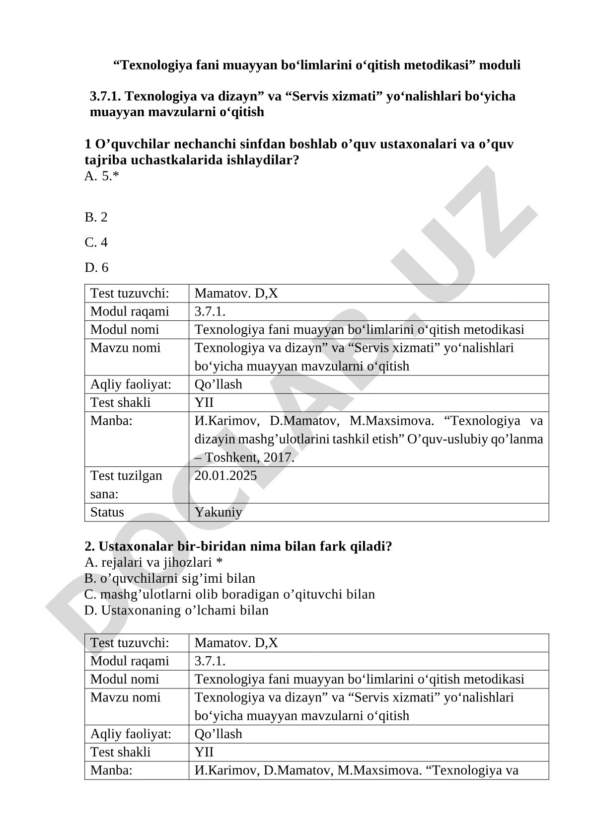 Texnologiya va dizayn” va “Servis xizmati” yoʻnalishlari boʻyicha muayyan mavzularni oʻqitish