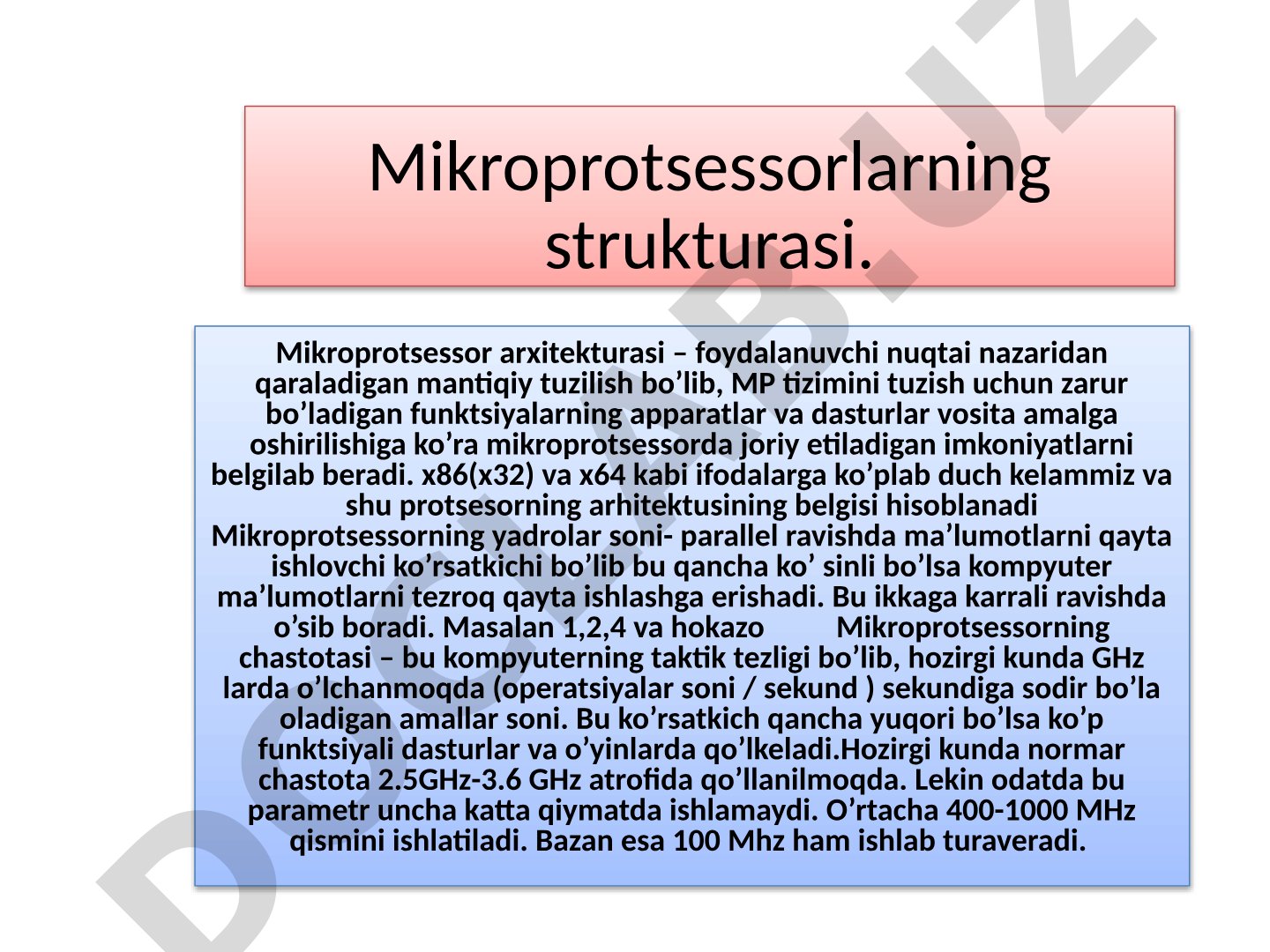 Mikroprotsessor arxitekturasi, yadrolar soni, chastota va kesh xotira haqida