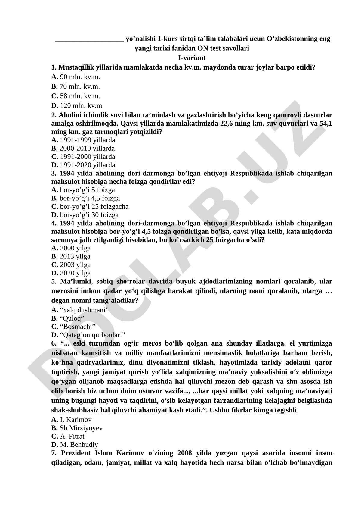 O'zbekistonning eng yangi tarixi fanidan test savollari