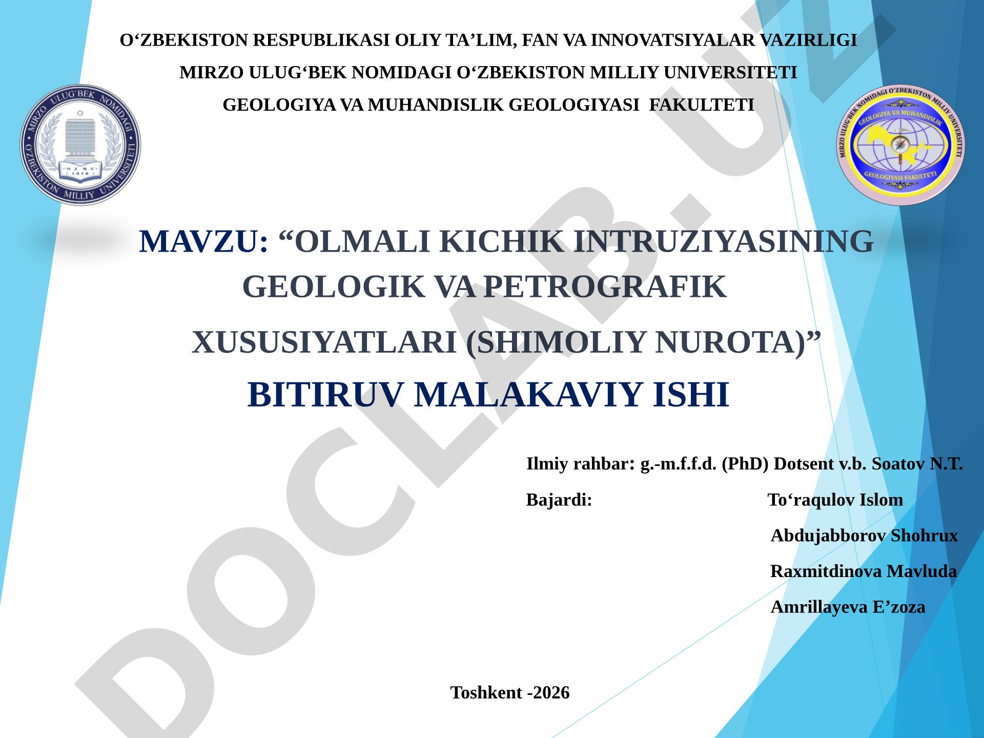 Olmalik kichik intruziyasining geologik va petrografik xususiyatlari (Shimoliy Nurota)
