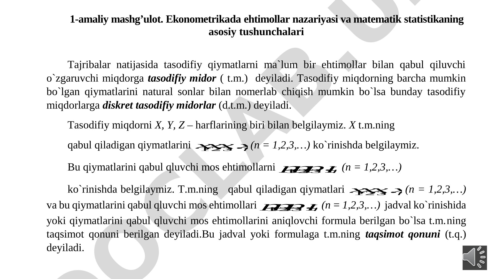 Ekonometrikada ehtimollar nazariyasi va matematik statistikaning asosiy tushunchalari
