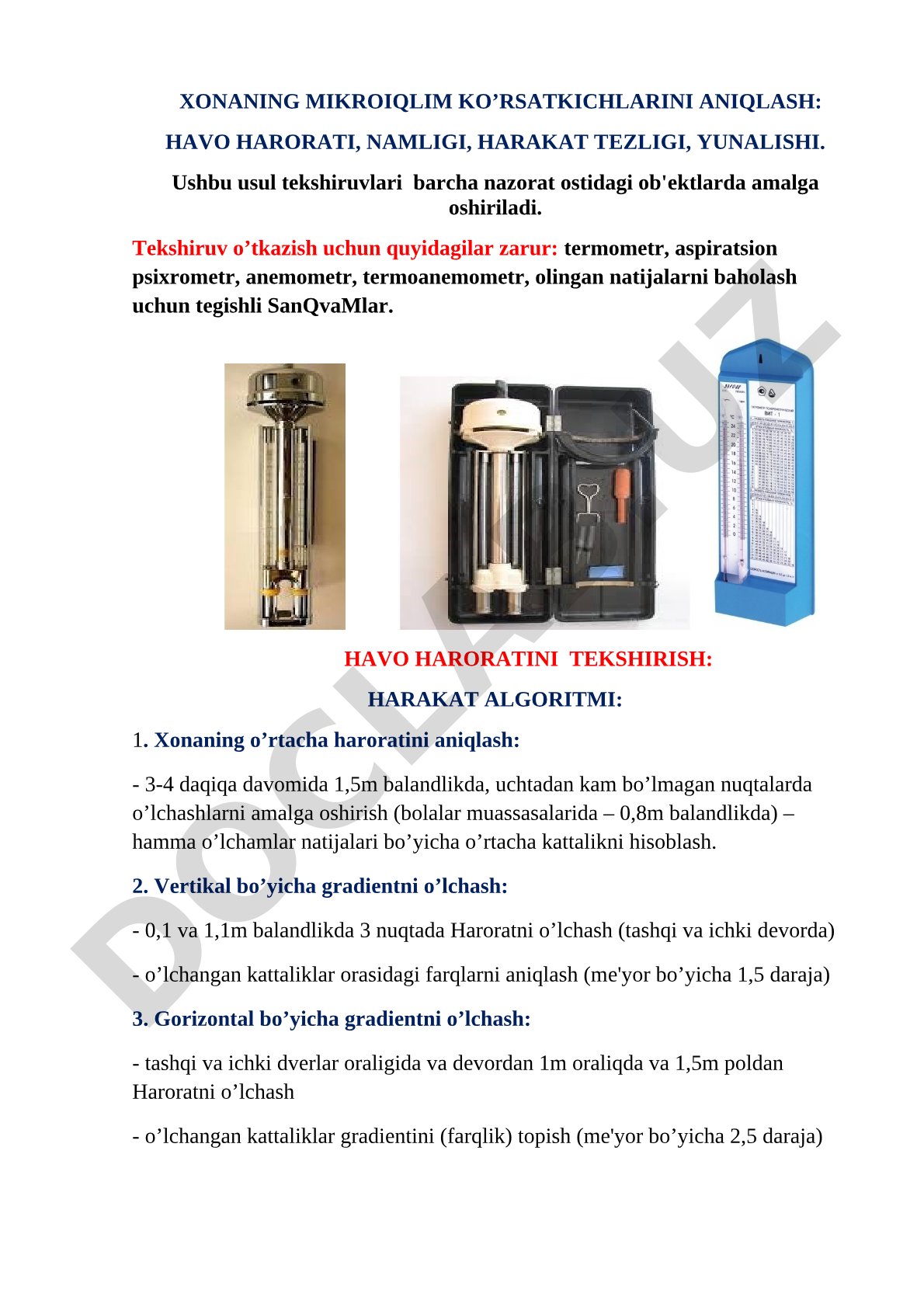 Xonaning mikroiqlim ko’rsatkichlarini aniqlash: havo harorati, namligi, harakat tezligi, yunalishi