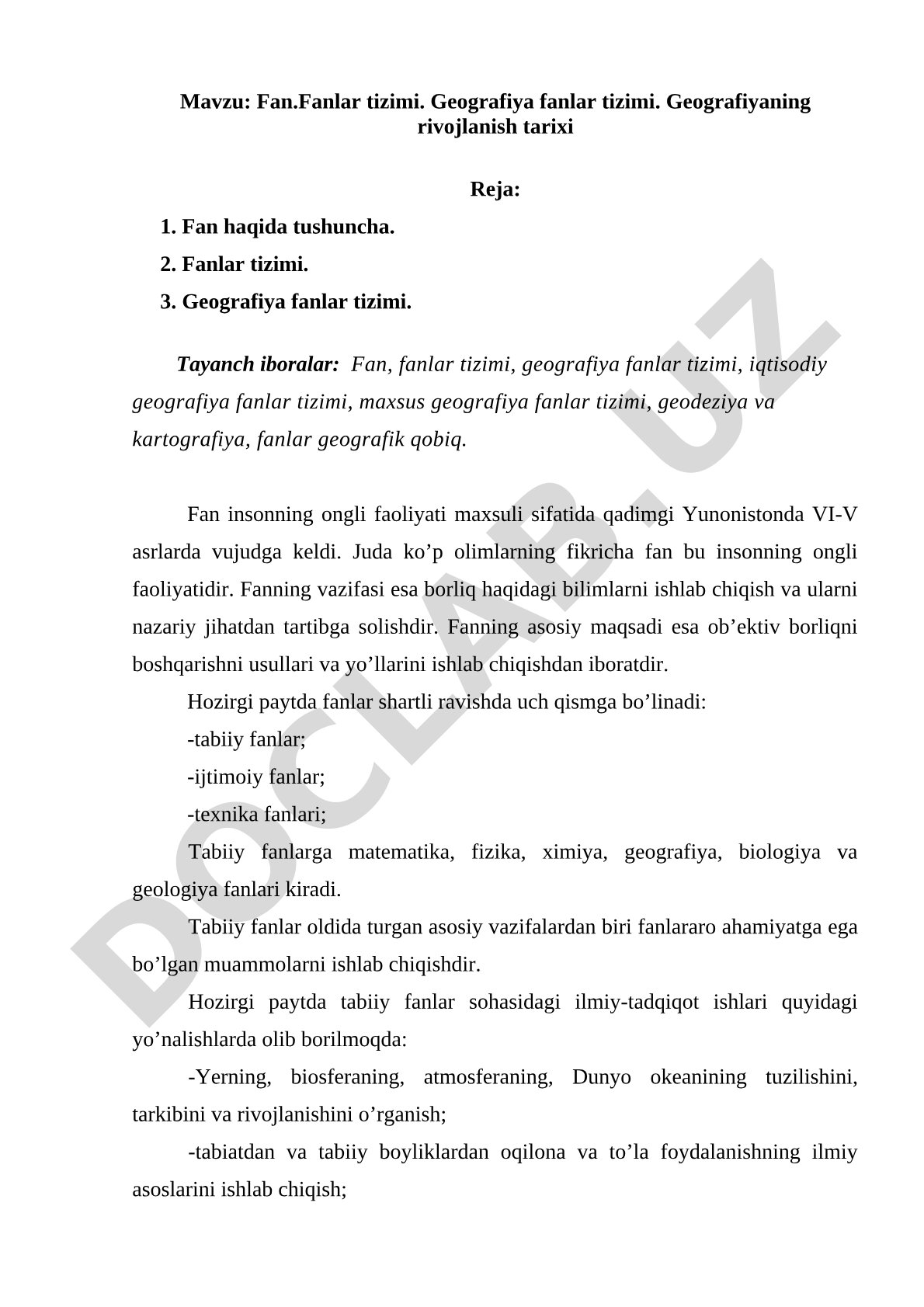 Fan. Fanlar tizimi. Geografiya fanlar tizimi. Geografiyaning rivojlanish tarixi
