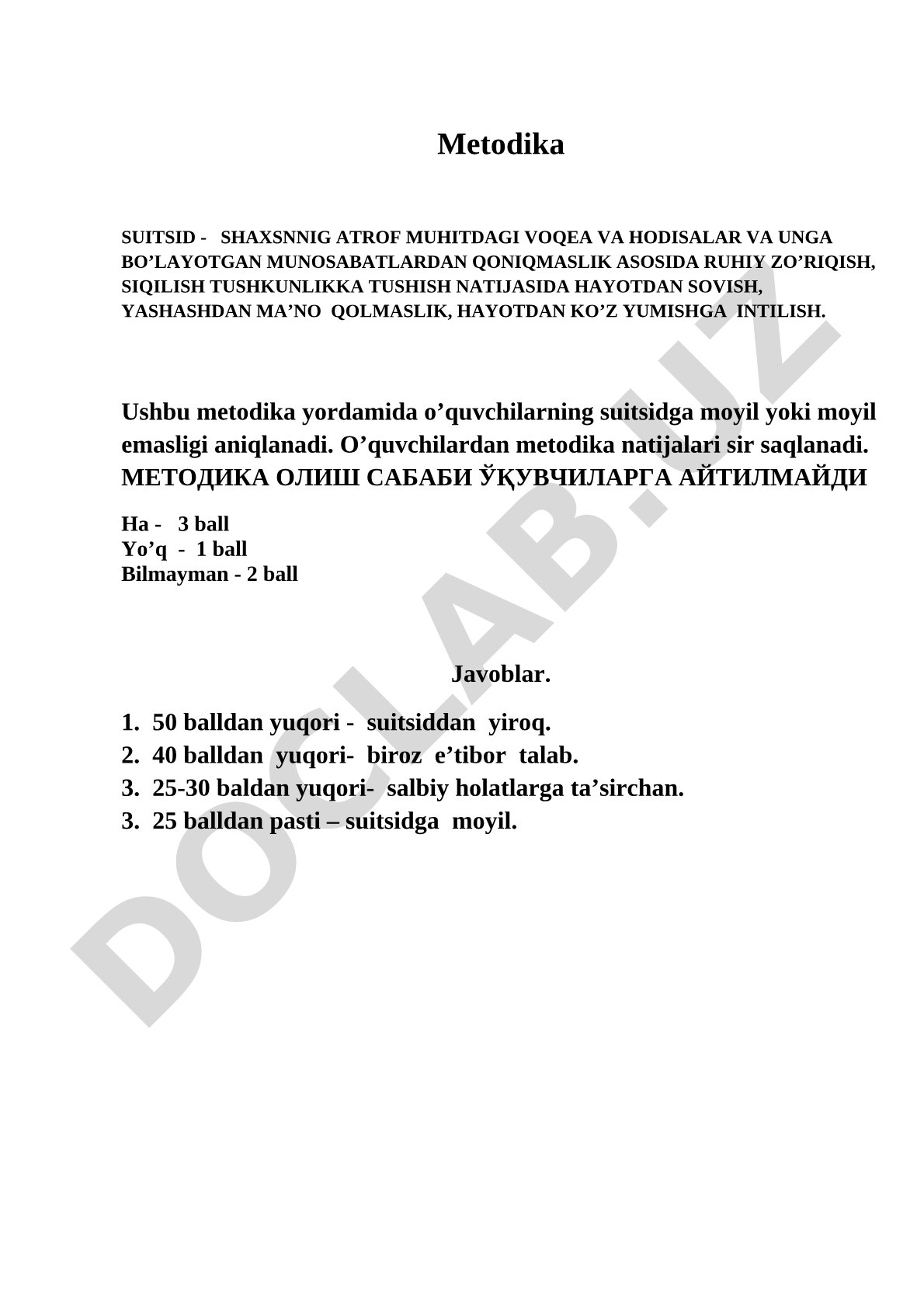 O'quvchilarning suitsidga moyilligini aniqlovchi test savollari va baholash mezonlari