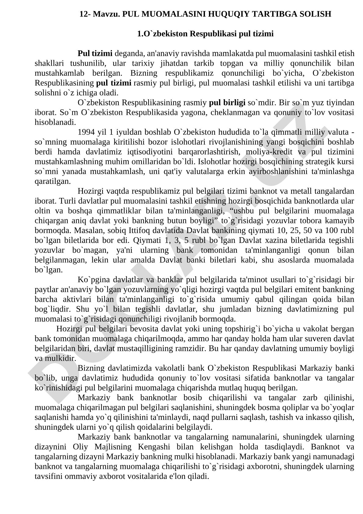 PUL MUOMALASINI HUQUQIY TARTIBGA SOLISH