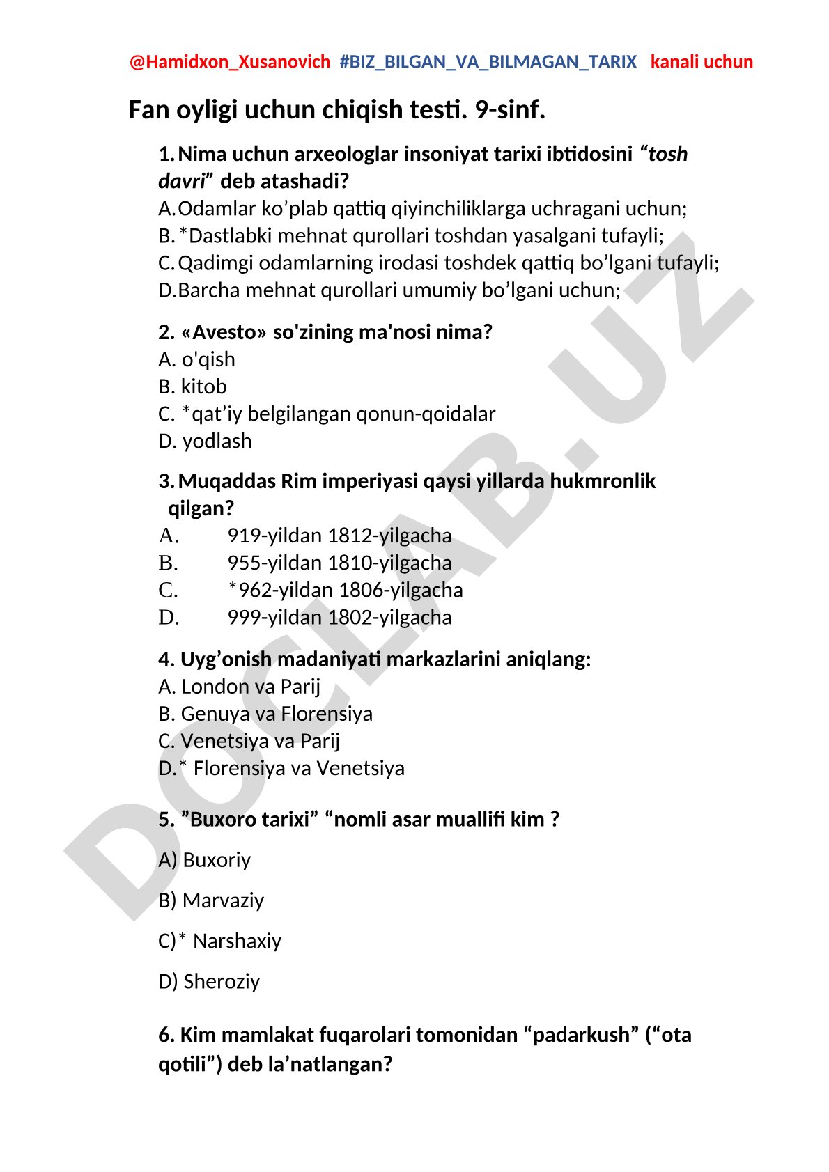 Tarix fanidan 9-sinf uchun chiqish testi savollari