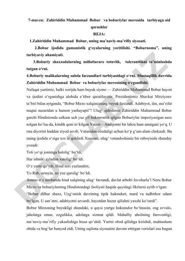 Zahiriddin Muhammad Bobur va boburiylar merosida tarbiyaga oid qarashlar