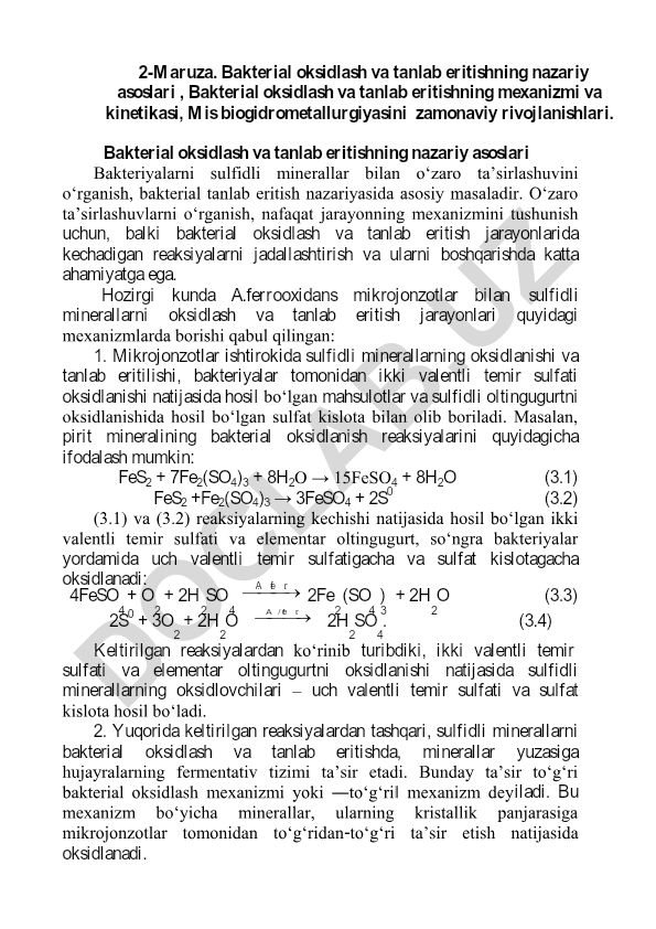 Bakterial oksidlash va tanlab eritishning nazariy asoslari