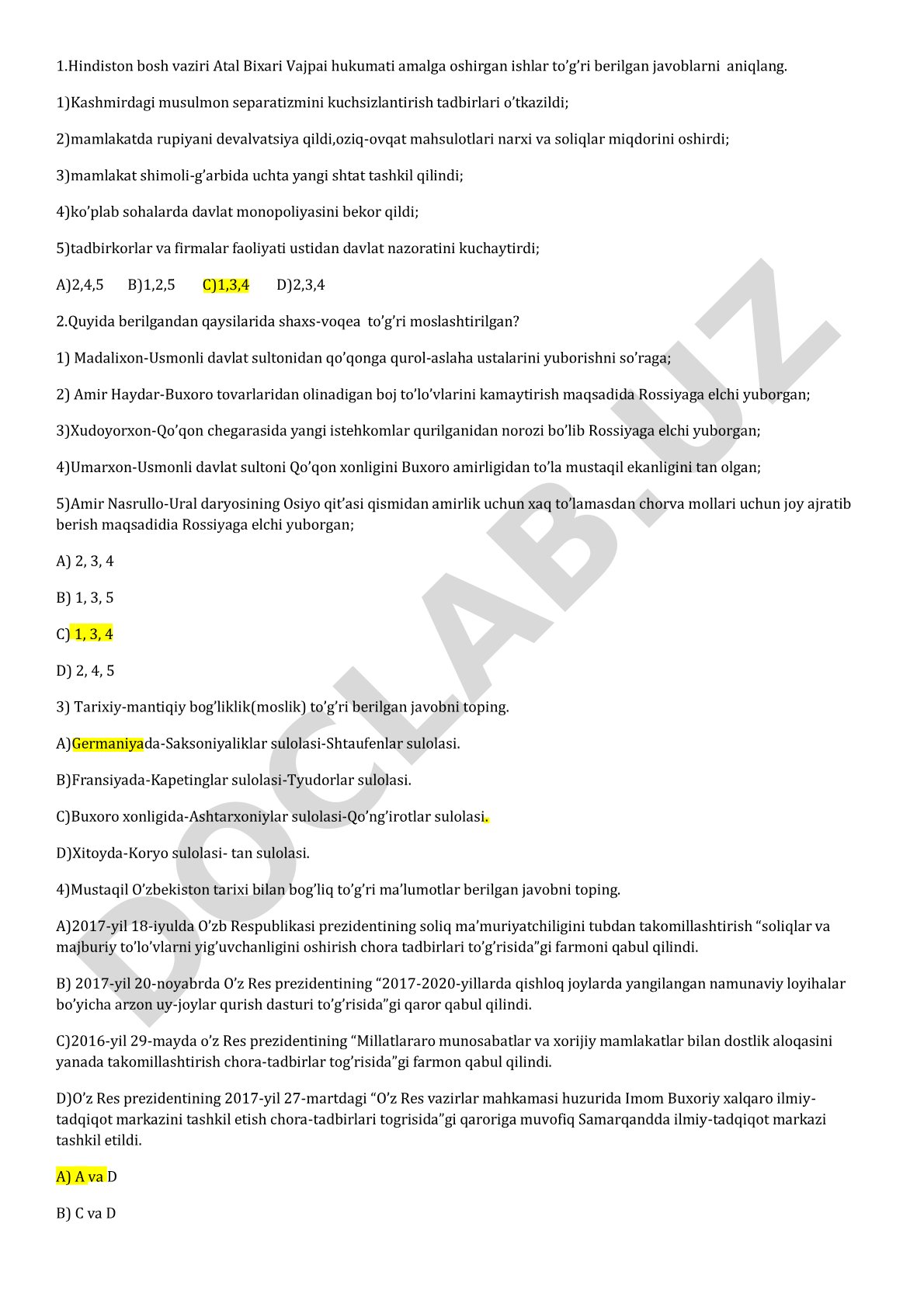 Hindiston va Markaziy Osiyo tarixiga oid test savollari