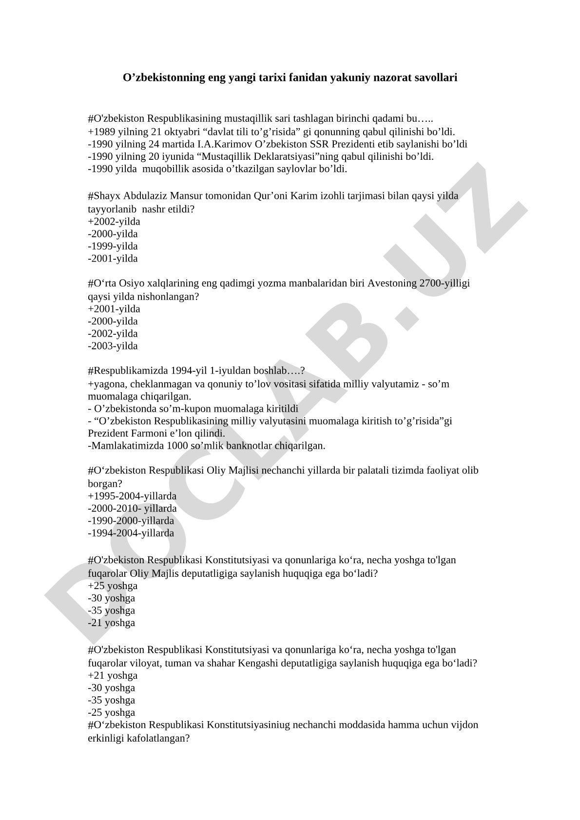 O'zbekistonning eng yangi tarixi fanidan yakuniy nazorat savollari