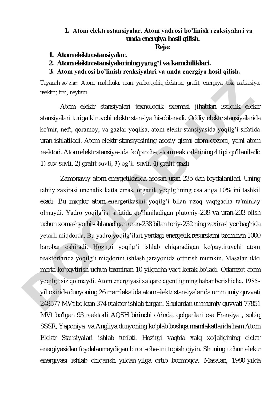 Atom elektrostansiyalar, atom yadrosi bo‘linish reaksiyalari
