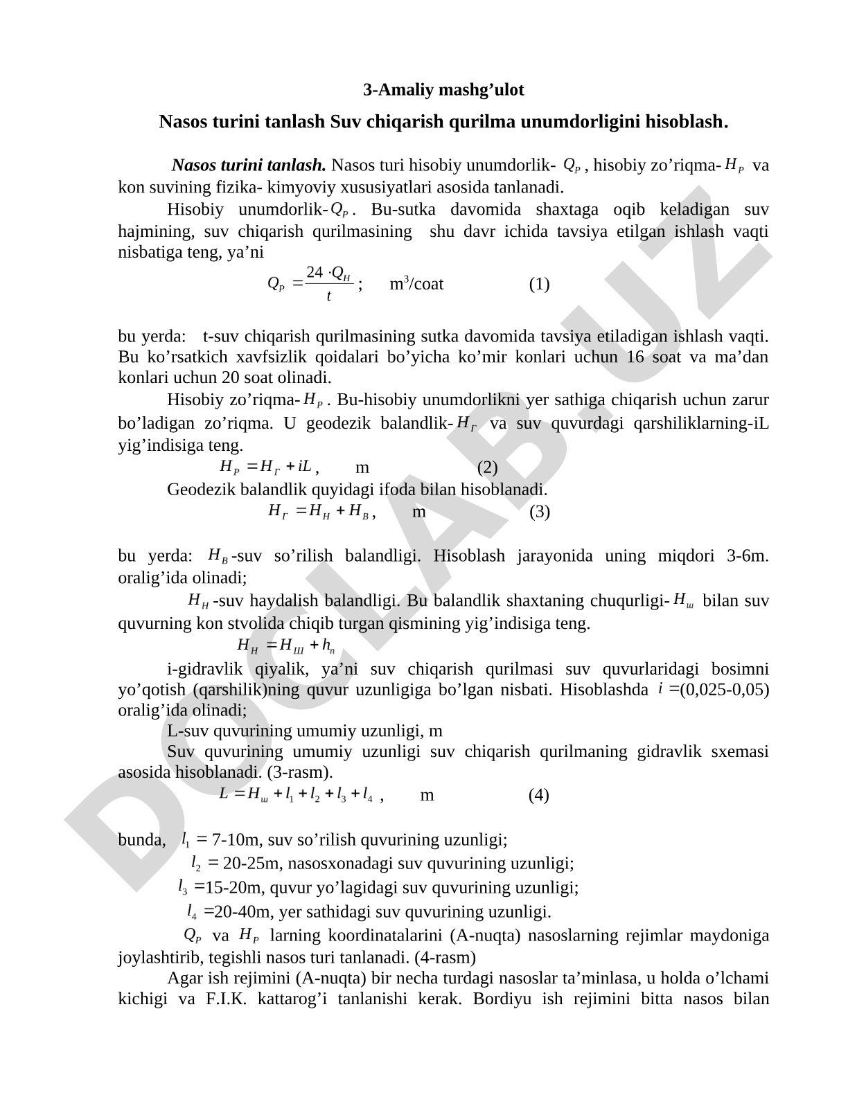 Nasos turini tanlash Suv chiqarish qurilma unumdorligini hisoblash