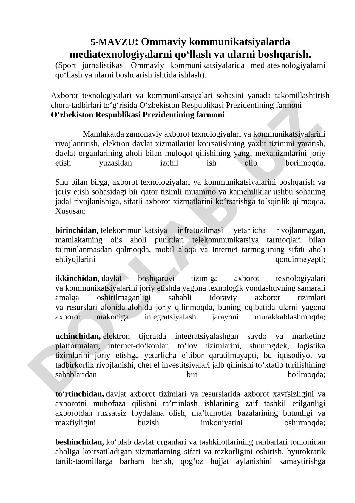 Ommaviy kommunikatsiyalarda mediatexnologiyalarni qo‘llash va ularni boshqarish