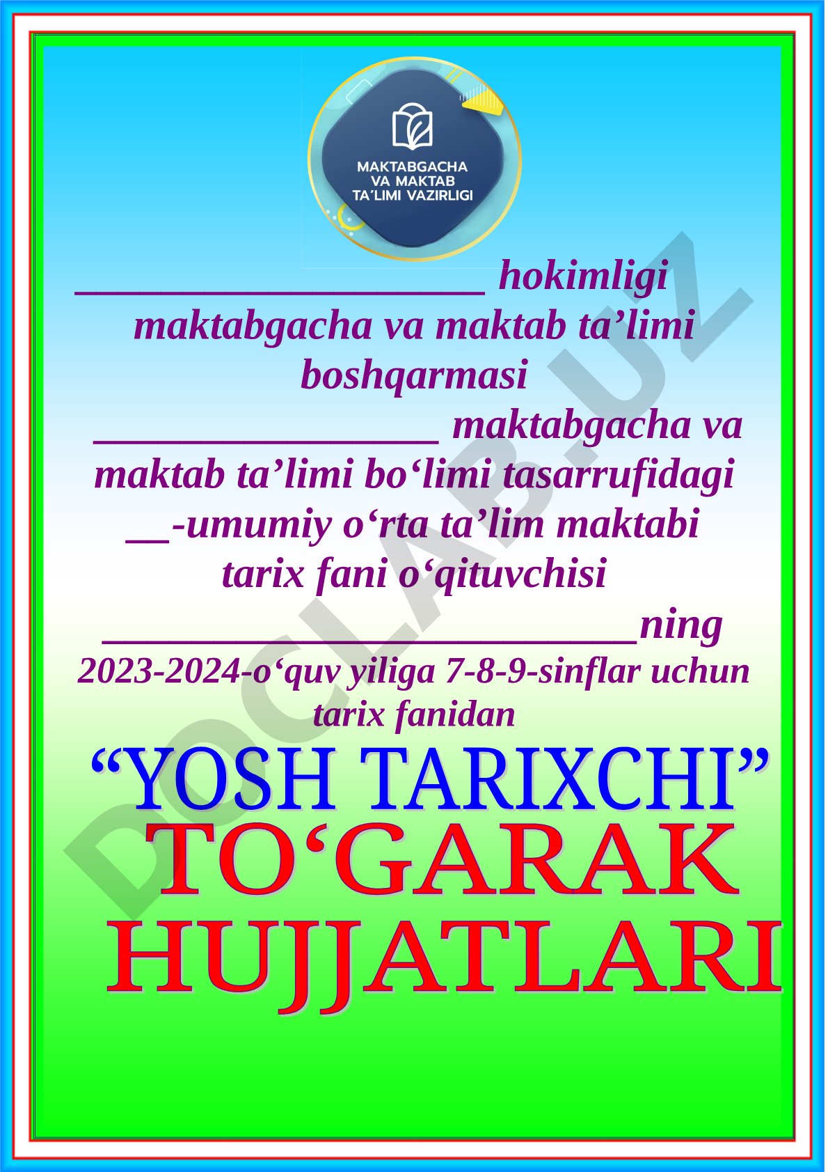 Yosh tarixshi to‘garagining ish rejasi