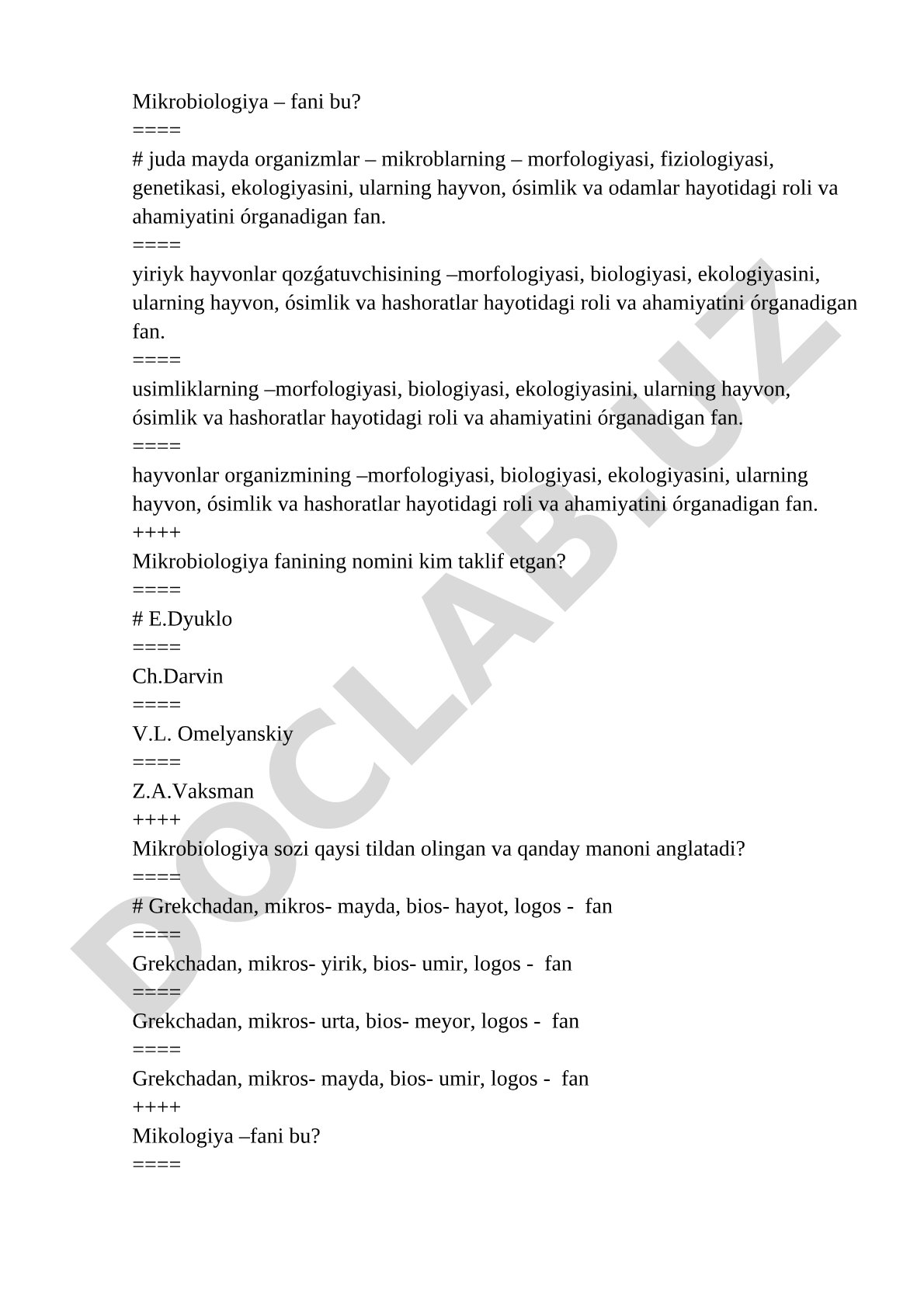 Mikrobiologiya fanidan test savollari
