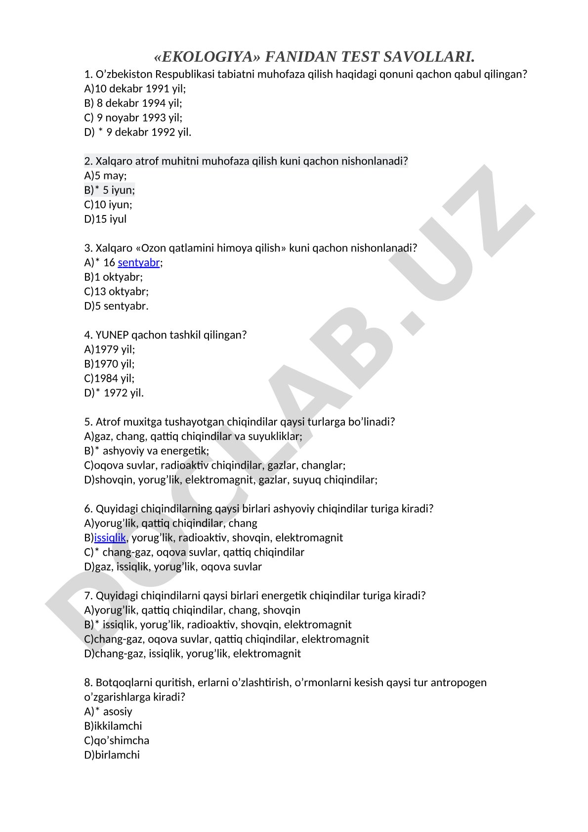 Ekologiya fanidan test savollari