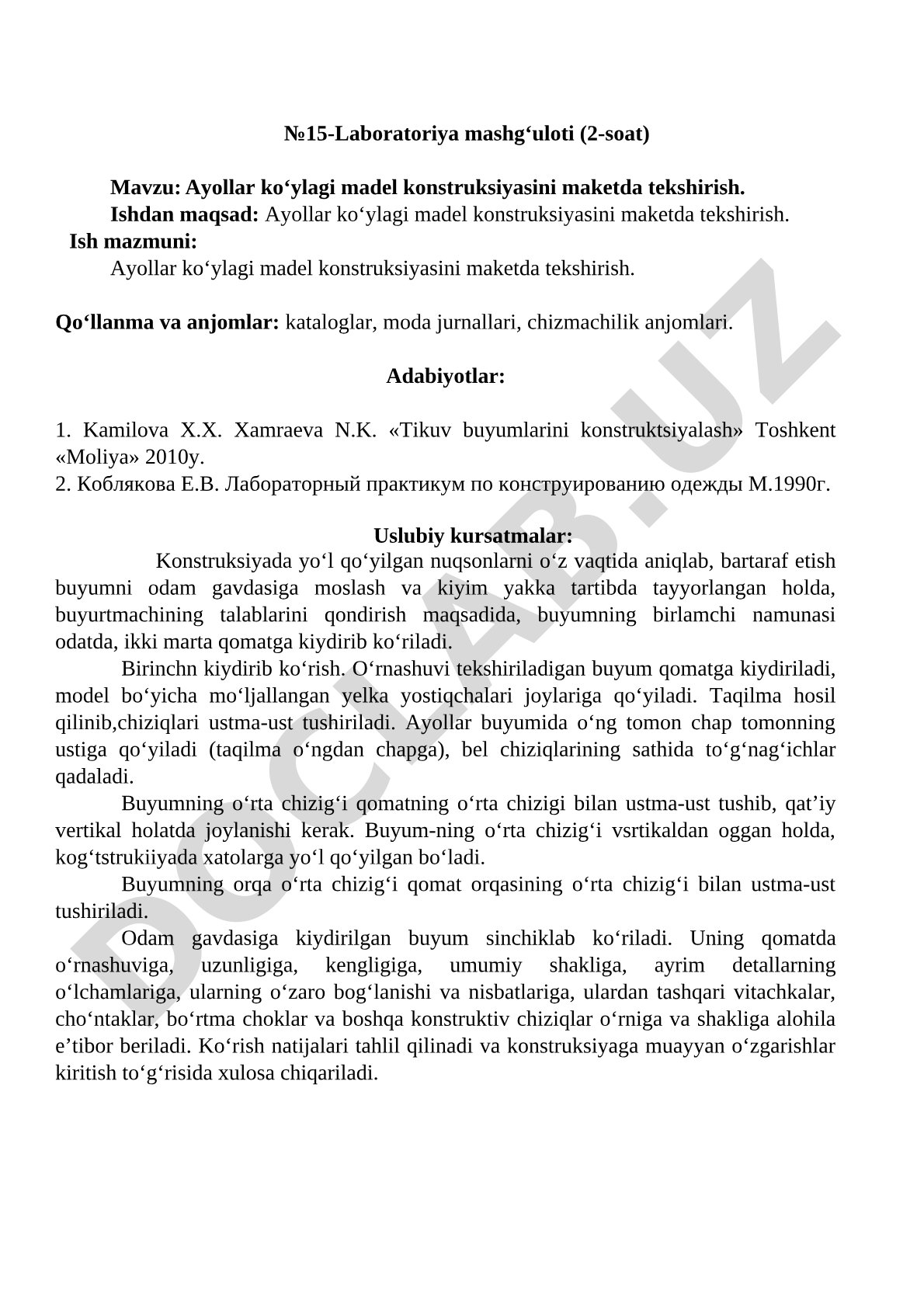 Ayollar ko‘ylagi model konstruksiyasini maketda tekshirish