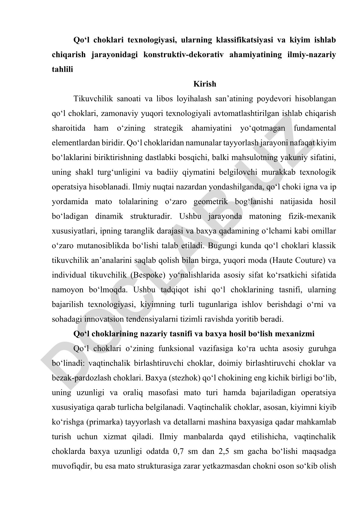Qo‘l choklari texnologiyasi, klassifikatsiyasi va kiyim ishlab chiqarishdagi ahamiyati