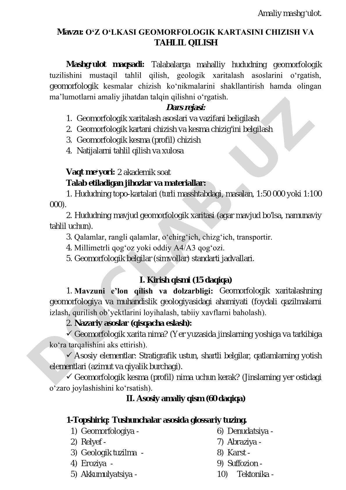O‘z o‘lkasi geomorfologik kartasini chizish va tahlil qilish